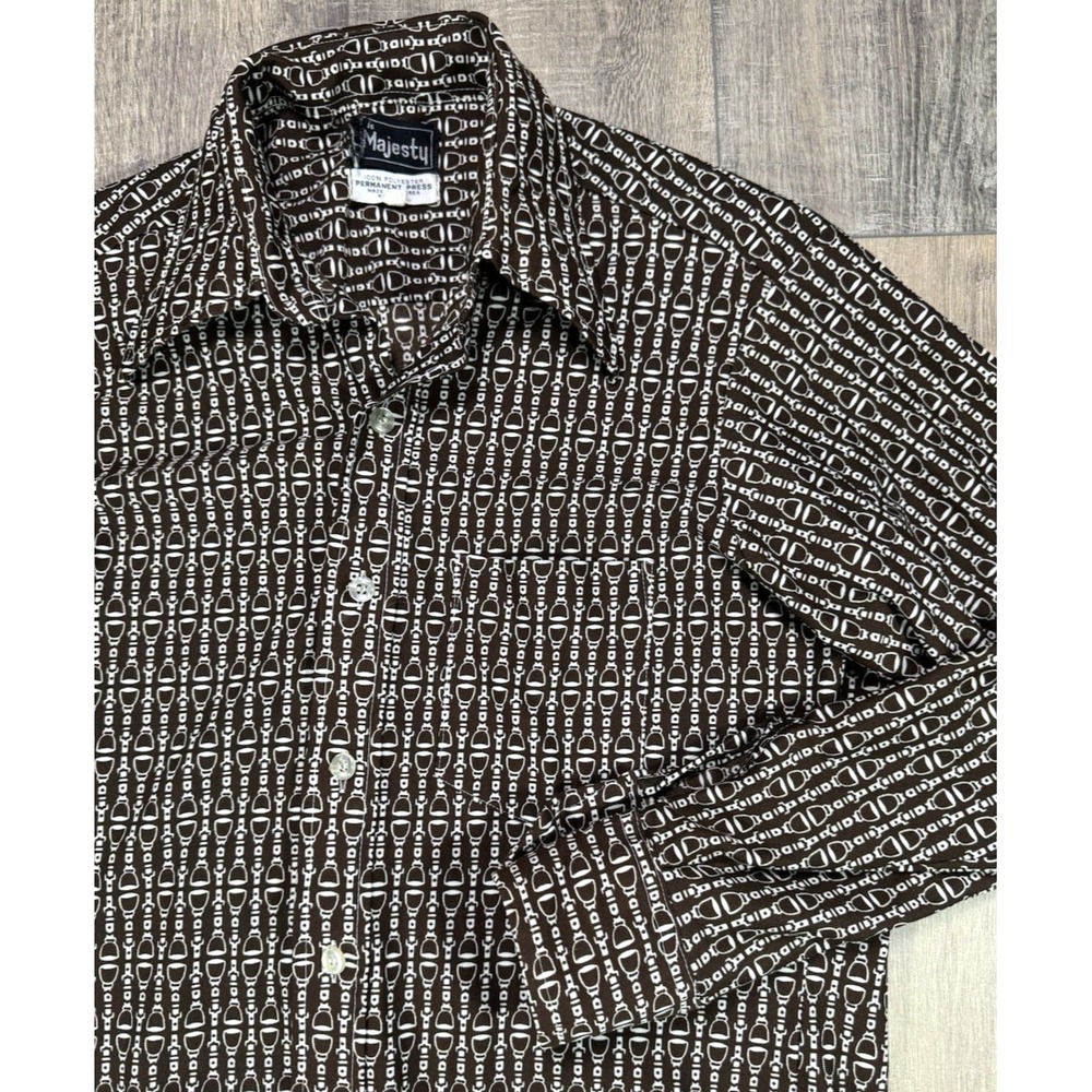 80s Mens Vintage Equestrian Chain Brown Polyestor Button Up Western Shirt Sz Med